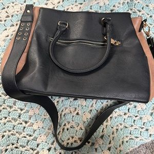 Gussaci tan and black purse. Mini handles and shoulder strap
